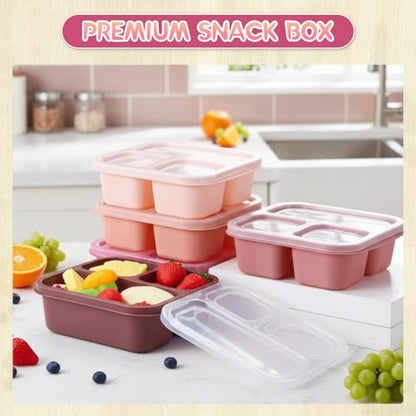 Honeydak 5 Pack Snack Containers 3 Compartment Bento Snack Boxes Divided Meal Prep Containers with Lids Reusable Adults Lunch Food Storage Box for School Work Travel(Pink Brown) - color: Pink Brown