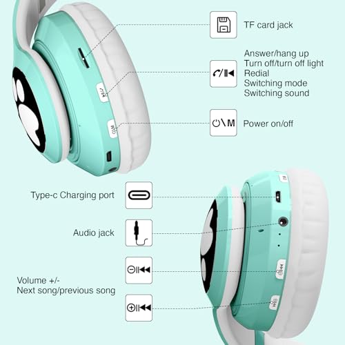 Cat Ear Bluetooth Kids Headphones, LED Lights, Foldable, Green | Wireless Bluetooth 5.0, foldable design, built-in mic & TF card slot, adjustable comfort, ideal for kids' learning & play. - color: Green