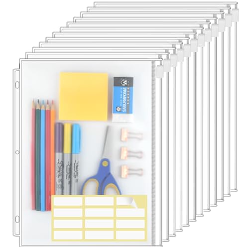 KTRIO 12 Pack Binder Pockets, 8.5 x 11 Zipper Pouches for 3 Ring Binders | Thickened PVC Document Folders, 3 Holes Pre-Punched Fits Standard Binder Letter-Size Paper Storage, Business Office Supplies - size: 12 Pack, style: White Zipper