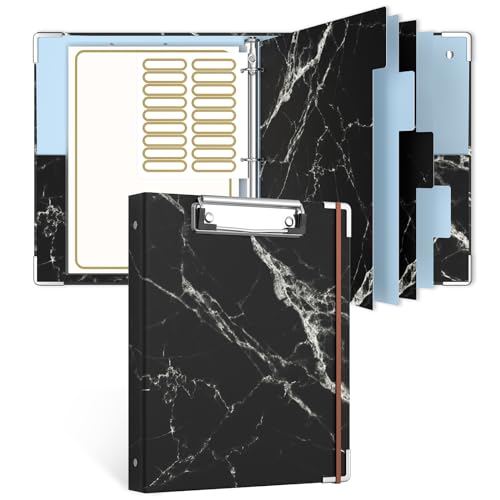Rouidr Mini 3 Ring Binder with Clipboard, 1 inch Round 8.5 x 5.5 in Cute Binders Organizer with 5 Dividers Tabs & Clear Sleeves, School Supplies, Office Supplies, Black Textured Marble - color: Black Textured Marble, size: Mini 1in(8.5 x 5.5 in)