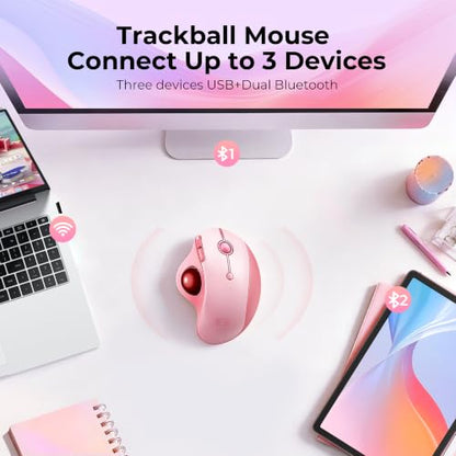 seenda Wireless Trackball Mouse, Ergonomic Bluetooth Rollerball Mouse Rechargeable, 3 Device Connection Optical Mice Adjustable DPI Thumb Control Mice Compatible for PC/Laptop/Windows/Mac - Pink - color: Pink