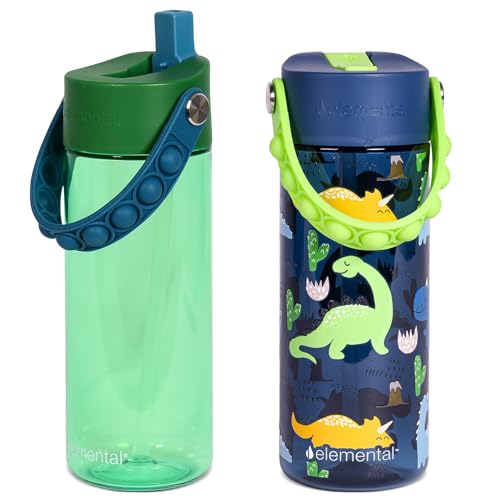 Elemental Leak Proof Water Bottles for Kids - Splash Kids Water Bottle for School with Pop-it Handle - Tritan Plastic Water Bottle with Straw - Dinosaur & Green - 18oz (2 Pack) - color: Duo - Dinosaur & Green