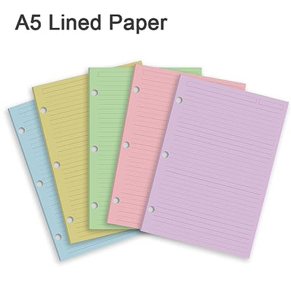A5 Filler Paper, 3 Hole Notebook Refills Paper for 3 Ring Refillable Binder, 110 Gsm 5-Color Loose Leaf Planner Refill Paper, 300 Sheets/600 Pages, 5.7x8.3 Inch - color: red