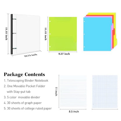INFUN All-in-one Telescoping Binder Notebook, Refillable 3 Ring Notebook Binder with 1 Plastic Movable Pocket Folder,5 Plastic Subject dividers and Graph Paper and College Ruled Paper-White - color: White, size: 1 PCS