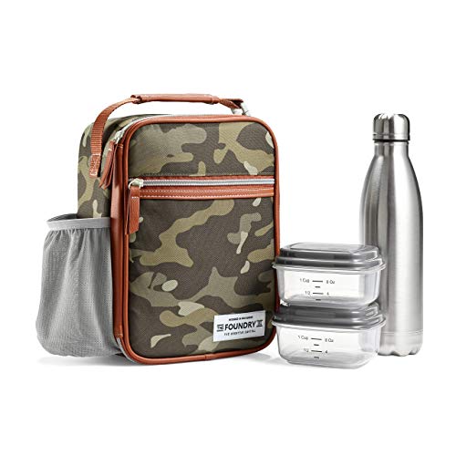 Foundry by Fit & Fresh, Thayer Adult Insulated Lunch Bag with Side & Front Pouches, Complete Lunch Kit Includes Stainless Steel Tumbler & 2 Containers, Camo - color: Camo, style: Lunch Bag with Containers and Water Bottle