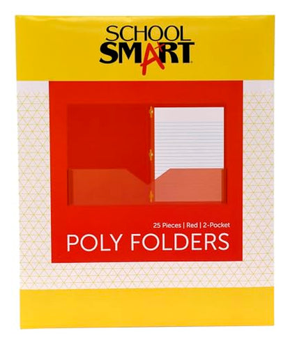 School Smart 2-Pocket Poly Folders with Fasteners, Red, Pack of 25 - color: Red, style: Fasteners