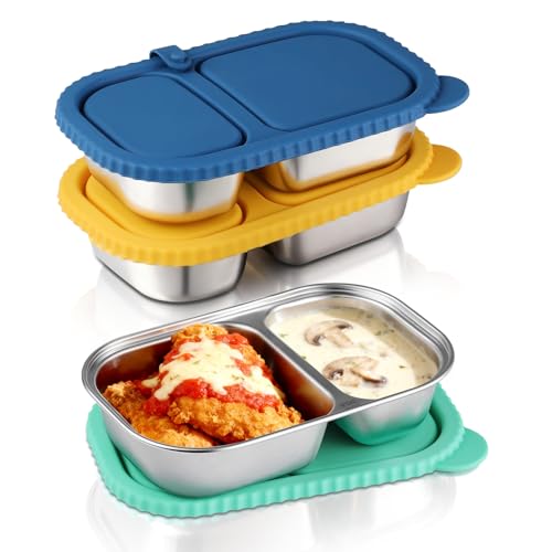 snuggery 3 pack Stainless Steel Snack Container with Lid – 2 Compartment Reusable Leakproof Snack Box for Kids and Adults, Dishwasher & Freezer Safe, Ideal for Travel, School, Meal Prep