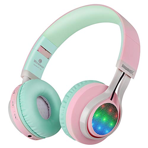 Riwbox WT-7S Bluetooth Headphones Light Up, Foldable Stero Wireless Headset with Microphone and Volume Control for PC/Tablet/TV/Travel (Pink Green) - color: PINK&GREEN