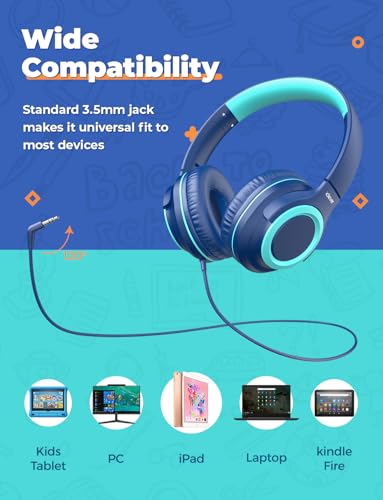 iClever 2Pack Kids Headphones with Sharing Splitter - 85dBA Safe Volume Limited - HS22 Wired Headphones for Kids Teens, Tangle-Free 3.5mm Jack Foldable Stereo Headphone for School/Tablet/Travel - color: Navy Blue & Black