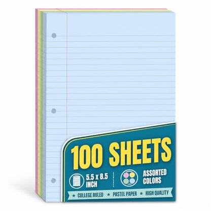1InTheOffice 5.5 x 8.5 Paper, Pastel, College Ruled Mini Binder Paper, Loose Leaf Paper, Assorted Color, 100 Pack
