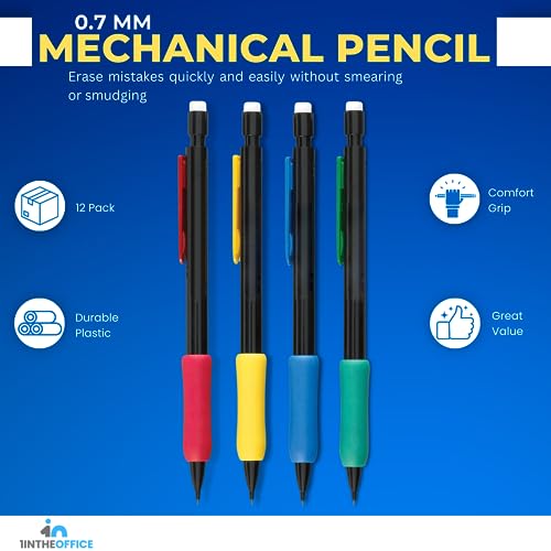 1InTheOffice Mechanical Pencil 0.7, Mechanical Pencil Set, Mechanical Pencil Lead, with Rubber Grip, Refillable (12 Pack)