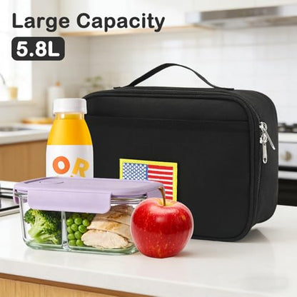 FlowFly Kids Lunch box Insulated Soft Bag Mini Cooler Back to School Thermal Meal Tote Kit for Girls, Boys, Black Free USA Flag Patch Included - color: Black With Flag