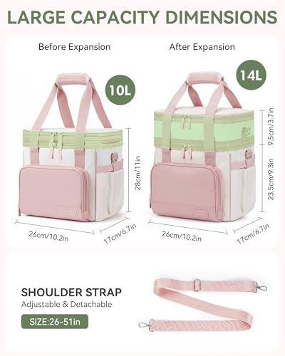 HOMESPON Double Layer Lunch Bag for Women Men, 14L Large Insulated Lunch Box with Shoulder Strap, Expandable Cooler Tote with Cup Holder for Work Office Picnic, Pink - color: Pink