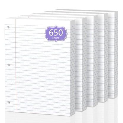 650 Sheets Loose Leaf Paper 8" x 10.5" Filler Paper College Ruled 3-Hole Punched Lined Paper Notebook Paper for 3-Ring Binders Notepad Writing Note Pads Ideal for Home, School, Office - color: White - 5 Pack
