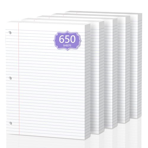 650 Sheets Loose Leaf Paper 8" x 10.5" Filler Paper College Ruled 3-Hole Punched Lined Paper Notebook Paper for 3-Ring Binders Notepad Writing Note Pads Ideal for Home, School, Office - color: White - 5 Pack