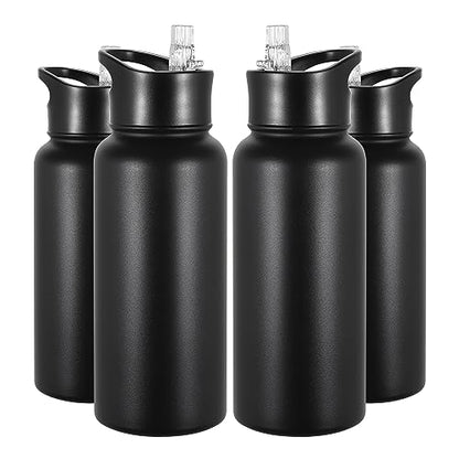 VEGOND 32 oz Insulated Water Bottle Bulk Stainless Steel Metal Water Bottles with Leak Proof Straw Lid & Spout Lid, Wide Mouth Double Walled Vacuum Travel Sports Bottle, Black 4 Pack - color: Black, size: 32oz-4 Pack
