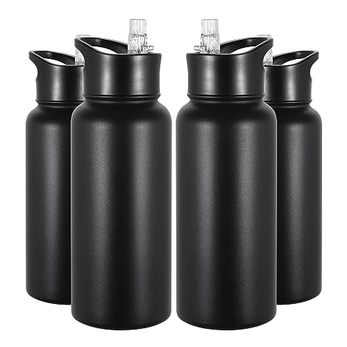 VEGOND 32 oz Insulated Water Bottle Bulk Stainless Steel Metal Water Bottles with Leak Proof Straw Lid & Spout Lid, Wide Mouth Double Walled Vacuum Travel Sports Bottle, Black 4 Pack - color: Black, size: 32oz-4 Pack