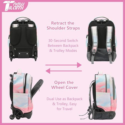 NEW TILAMI 18-Inch 6-Wheel Rolling Backpack for Kids, Pink Sunset | Lightweight Rolling Stair-Climbing Top Carry Handle Padded Shoulder Straps For School Family Travel - color: Pink Sunset