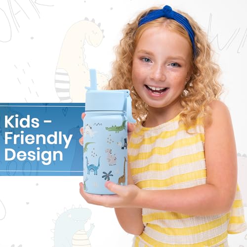 Lexlion Water Bottle 14 Oz, Triple Walled Insulated Stainless Steel Odor & Strain Resistant Reusable Bottle, 1 straw Lid, Leakproof, Metal Mug Gallon, BPA Free, Blue Zoo - color: Blue, size: 14 Ounces