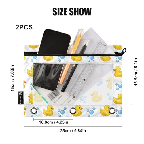Yellow Duck White Pencil Pouch for 3 Ring Binder 2 Pcs Binder Pouches with Zipper Pocket Pencil Case Bag with Clear Window for Office Work School Supplies - color: Yellow Duck White