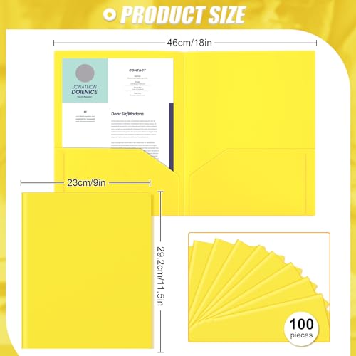 Gueevin 100 Pack Plastic Folder with Pockets, 2 Pocket Folders, Plastic Glossy Folders Fit Letter Size Paper, Heavy Duty Durable File Folder with Business Card for Home Office School (Yellow) - color: Yellow