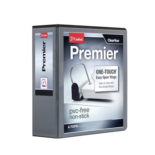Cardinal 3 Ring Binder, Binders for School and Office, Durable 4 Inch Premier Easy Open Binder, ONE-Touch Locking Slant-D Rings, 880-Sheet Capacity, ClearVue Cover, PVC-Free, Black (10341) - size: 4-Inch