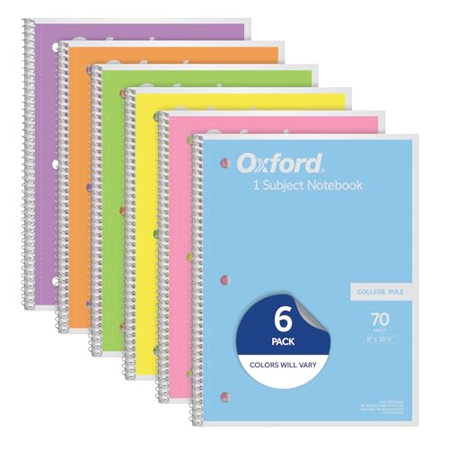 Oxford Spiral Notebook, 1 Subject, College Ruled Paper, 8 x 10-1/2 Inch, Pastel Pink, Orange, Yellow, Green, Blue and Purple, 70 Sheets (63756), Set of 6 - size: College Rule