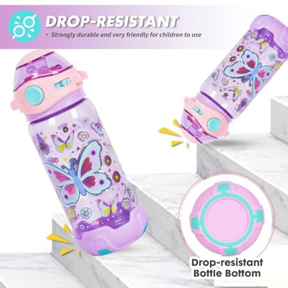 Kids Water Bottle with Straw/Lanyard for School Kids Girls Boys, 22oz BPA Free Child Drinking Water Bottle One-Click-Open Leak-Proof Locking Flip Lid for School Sport Travel - color: H02. Butterfly