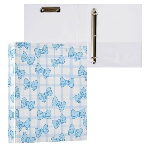 Cute Bows Grid Checkered Blue Bow Binder 3 Ring 1.5 Inch Binder with Clipboard&Pockets, Hardcover Binders Heavy Duty Large File Folder for Office School Supplies - Holds 200 Sheets - color: Grid Checkered Blue Bow, size: 1 Pack-12.4x10.63in