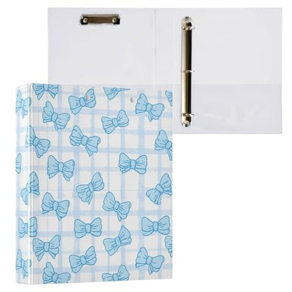 Cute Bows Grid Checkered Blue Bow Binder 3 Ring 1.5 Inch Binder with Clipboard&Pockets, Hardcover Binders Heavy Duty Large File Folder for Office School Supplies - Holds 200 Sheets - color: Grid Checkered Blue Bow, size: 1 Pack-12.4x10.63in