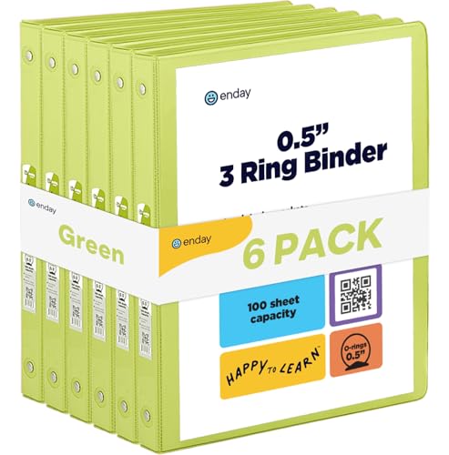 Enday 1/2 inch Binder 3 Ring Binder (6 Pack - Green) O-Ring Binder with Clear View Cover and 2 Inside Pocket - for Letter Size 8.5 x 11'' Paper, Ideal for School Supplies, Office, and Home - color: Green, size: 0.5-Inch