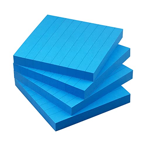 Lined Sticky Notes 3x3 in, Self-Adhesive, 4 Pads, 90 Sheets/Pad (Blue) | Strong Self-Adhesive Backing, Sticks Firmly and Removes Cleanly - color: Blue