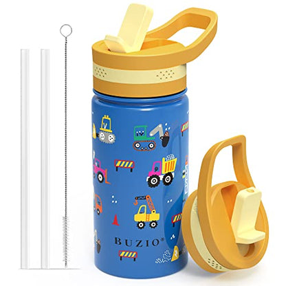 BUZIO 14 oz Kids Water Bottle with Straw Lid, Vacuum Insulated Stainless Steel Metal Thermo Bottles for Toddlers Girls Boys Leak Proof BPA-Free & Lead-Free Flask for School, Blue Construction Car - color: Blue Car
