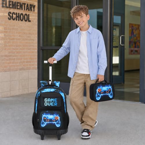 Scothen 3PCS Rolling Backpack for Boys, Cool Gamer Roller Backpack with Wheels, Kids Boy Wheeled Backpacks with Lunch Bag Pencil Case for Teens Bookbag Kindergarten Elementary Middle School - color: Blue Flame