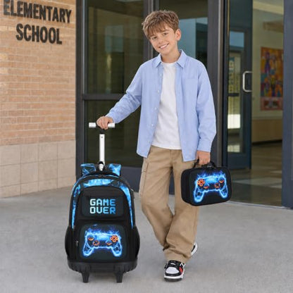 Scothen 3PCS Rolling Backpack for Boys, Cool Gamer Roller Backpack with Wheels, Kids Boy Wheeled Backpacks with Lunch Bag Pencil Case for Teens Bookbag Kindergarten Elementary Middle School - color: Blue Flame