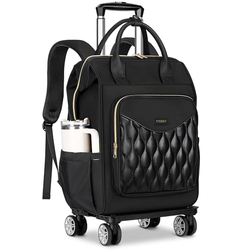 Ytonet Rolling Backpack for Women, 15.6 In Rolling Travel Backpack with 4 Spinner Wheels, Carry On Rolling Laptop Bag with Detachable Trolley, Stylish Wheeled Backpack for College Business Work, Black - color: Black