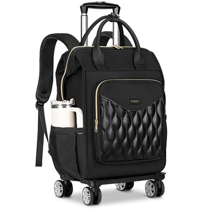 Ytonet Rolling Backpack for Women, 15.6 In Rolling Travel Backpack with 4 Spinner Wheels, Carry On Rolling Laptop Bag with Detachable Trolley, Stylish Wheeled Backpack for College Business Work, Black - color: Black