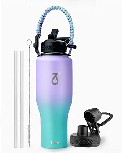 Trebo 40 oz Water Bottle Insulated Fit in Any Car Cup Holder with 2 Lids, | Stainless Steel T-shape Tumbler with Paracord Handle, Triple Wall Vacuum Copper Plated, Cold 48 Hrs for Travel, Wide Mouth - color: Cotton Candy, size: 40 Ounces
