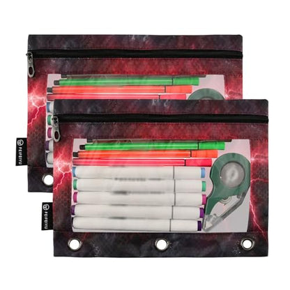 Pencil Pouch for 3 Ring Binder, 2 Pack Red Lightning Binder Pencil Pouch with Clear PVC Window, Zipper Pencil Case Organizer for Office School Supplies