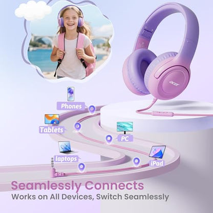 Acer Kids Headphones - 85/94dB Volume Limiter, Foldable Wired Over Ear Headphones for Travel, 3.5mm Jack, Toddler Headphones for School, Travel, iPad, Tablet, Purple Pink, HK03 - color: Purple-Pink Gradient