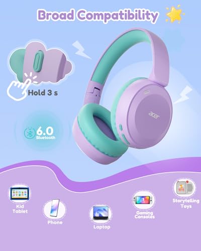 Acer Kids Bluetooth Headphones, 85/94dB Volume Limited, 60H Playtime, Bluetooth 6.0, Lightweight Over-Ear Wireless Headphones for Kids, Toddler Headphones with Built-in Mic, Purple-Green - color: Purple Green