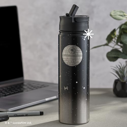 JoyJolt Stainless Steel 22 oz Star Wars Water Bottle with Straw Lid, BPA-Free Sports and Travel Vacuum Insulated Water Bottle, Destination Collection Death Star Bottle, Star Wars Gifts - color: Death Star, size: 22 Ounces