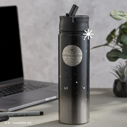 JoyJolt Stainless Steel 22 oz Star Wars Water Bottle with Straw Lid, BPA-Free Sports and Travel Vacuum Insulated Water Bottle, Destination Collection Death Star Bottle, Star Wars Gifts - color: Death Star, size: 22 Ounces