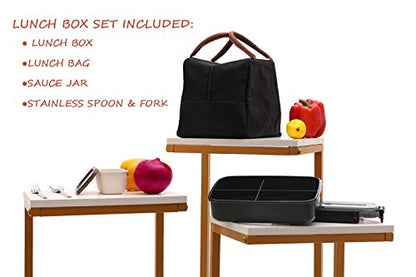 MINCOCO Bento Lunch Box Leak-proof Eco-Friendly Bento Box Food Storage Containers with Large Lunch Bag, Sauce Jar, Stainless Spoon&Fork for Adults Women Men Kids (Classic Black) - color: Classic Black