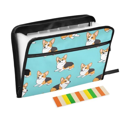 Expanding File Folder Corgis Dog Blue Accordion File Organizer 13 Pockets Document Organizer with Zipper Labels A4 Letter Office Storage - color: Multi2