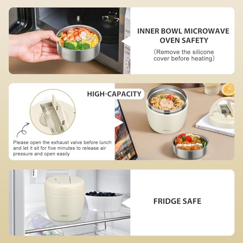 wiwens Thermo Food Jar for Hot Food Adults 32OZ Soup Thermo Lunch Containers Wide Mouth Vacuum Insulated Stainless Steel Leakproof Bento Box with Spoon (Beige) - color: Beige