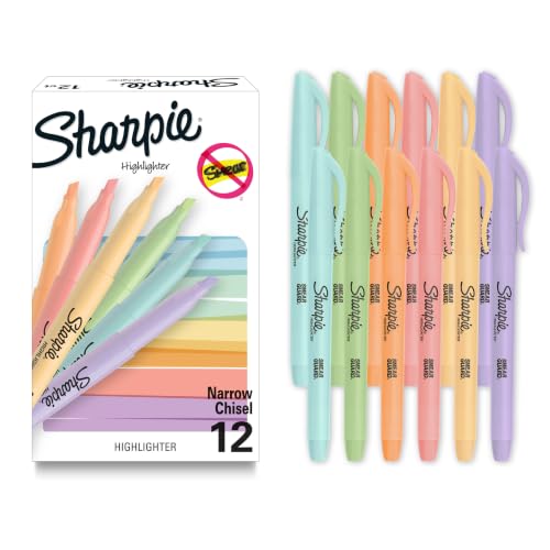 Sharpie Pocket Highlighters, Mild Pastel Colors, Assorted, Chisel Tip, 12 Count - School, Home, and Office Use, Teacher Supplies - size: 1 Count (Pack of 12)