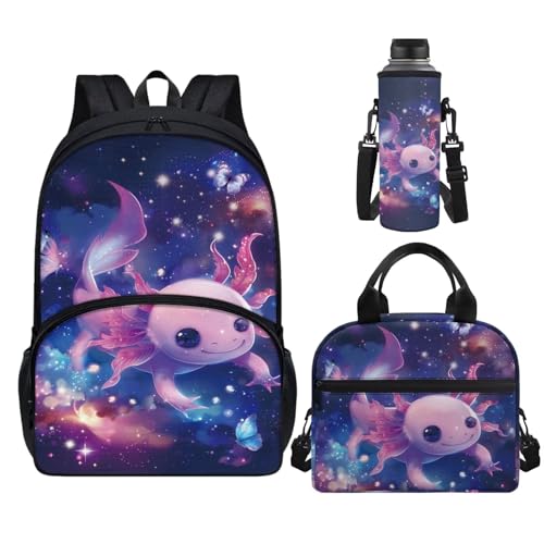 Horeset Axolotl Galaxy Space Backpack for Kids Girls 3Pcs School Bag with Water Carrier Pouch Picnic Insulated Lunch Tote Bag, Travel Bookbag Rucksack for Youth Primary Middle School Student - color: Axolotl Galaxy Space