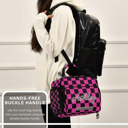 Custom Student Lunch Bag for Boys Girls Hot Pink and Black Checkered Personalized Lunch Box With Name Insulated Cooler Bag for School Picnic Travel - color: Multi14