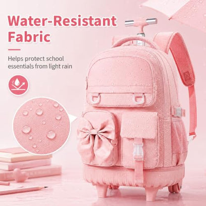 3Pcs Rolling Backpack for Girls Women, School Kids Roller Bookbag with Wheels, Wheeled Backpacks Set for Elementary (Pink) - color: Bow Pink